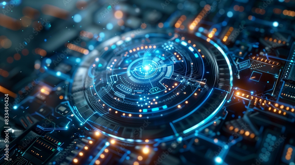 Glowing blue circuit board with futuristic user interface concept technology, electronic glowing design creativity Glowing blue circuit board with futuristic user interface concept technology, electronic glowing design creativity