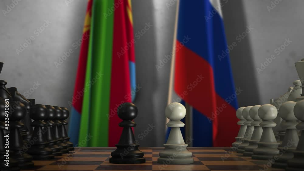 Eritrea and Russia National Flags with Chess Game Animation. Politics Concept, Government Conflict Eritrea and Russia National Flags with Chess Game Animation. Politics Concept, Government Conflict