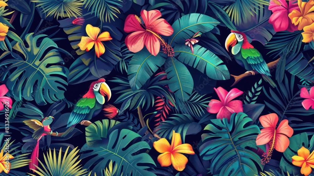 Macaw and toucan birds on background botanical garden flower illustration green leaves nature design. Macaw and toucan birds on background botanical garden flower illustration green leaves nature design.