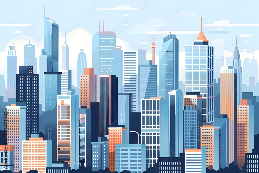 Obraz premium Flat Design of a Modern Cityscape with Skyscrapers and Urban Elements