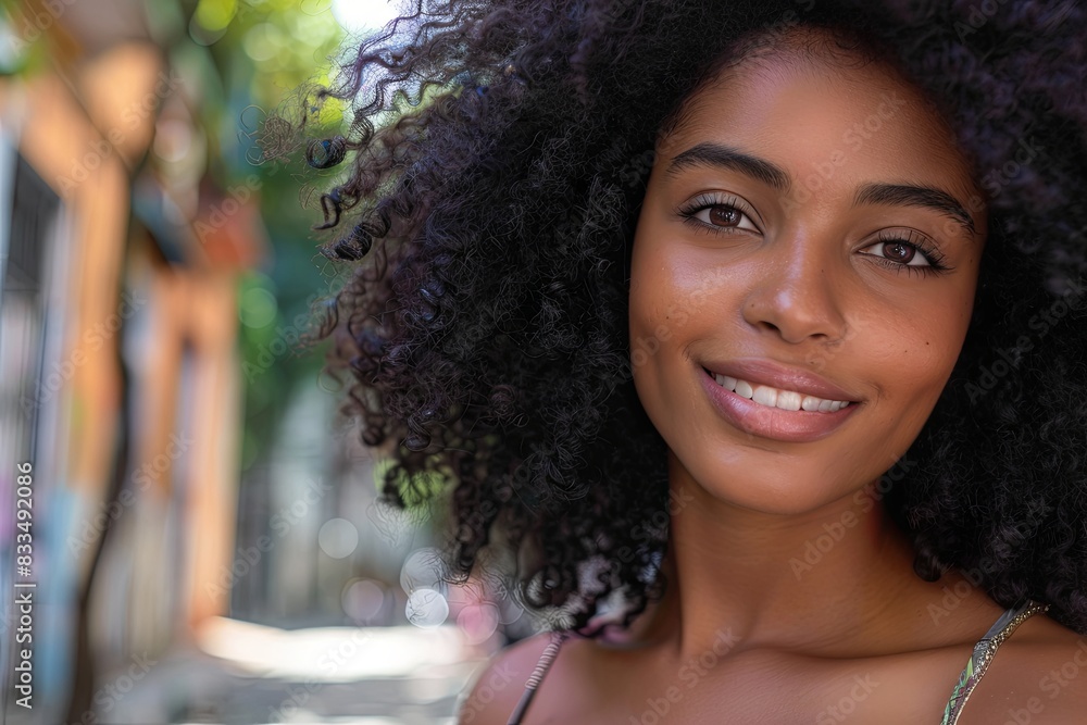 A close-up of a young Afro woman with a joyful smile on her face A close-up of a young Afro woman with a joyful smile on her face