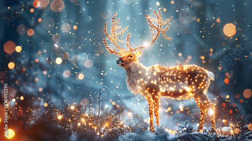 A magic festive reindeer covered in glowing light, generative ai