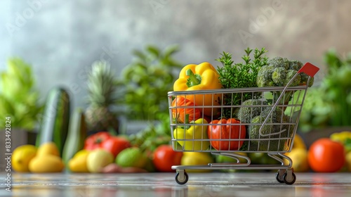 A bustling scene depicted in a 3D illustration, featuring a shopping cart brimming with fresh produce, dairy products, and pantry