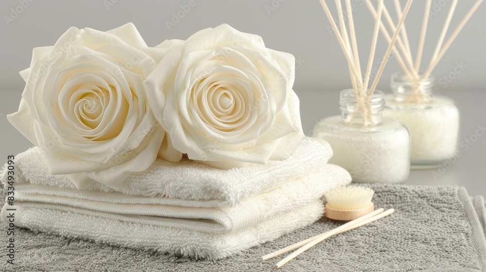 luxury hotel amenities against a light gray background, focusing on a single product like scented oil for a serene atmosphere. luxury hotel amenities against a light gray background, focusing on a single product like scented oil for a serene atmosphere.