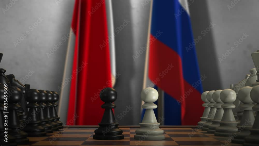 Indonesia and Russia National Flags with Chess Game Animation. Politics Concept, Government Conflict Indonesia and Russia National Flags with Chess Game Animation. Politics Concept, Government Conflict