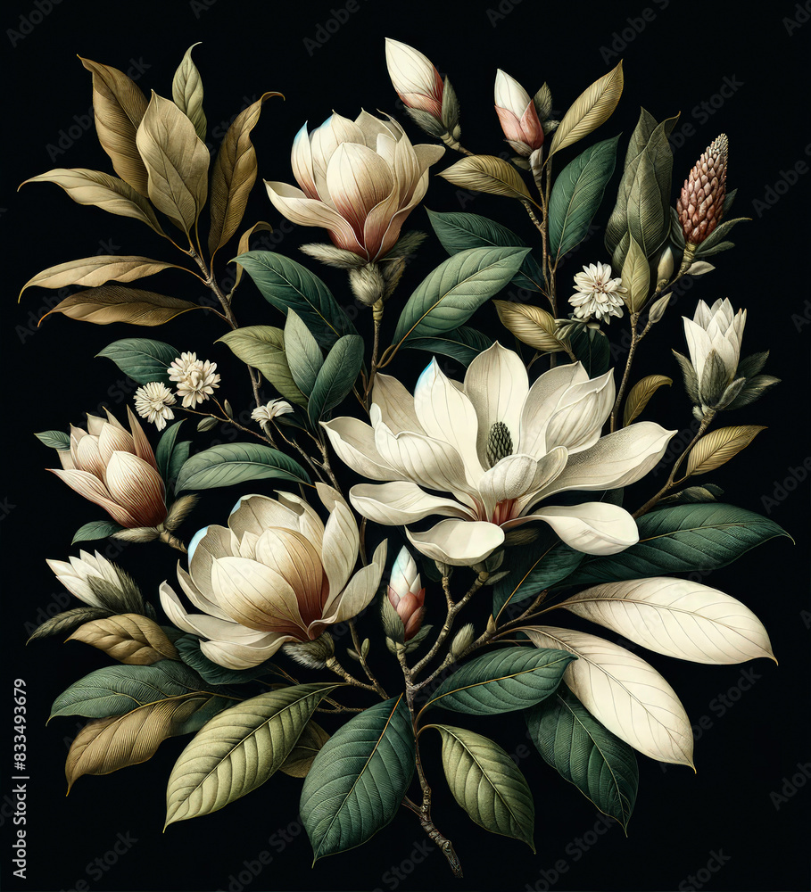 Intricate Botanical Illustration of Magnolia Flowers and Leaves - Ai Generated Intricate Botanical Illustration of Magnolia Flowers and Leaves - Ai Generated