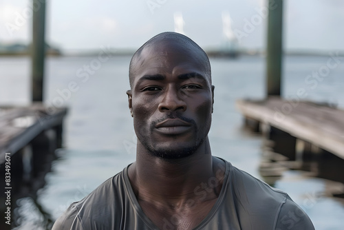 A modern portrait of a man in his mid 30s, of Hatian heritage, with dark skin and a shaved, bald head. He is extremely muscular and has a built figure with dark features and eyes, wearing a tight fitt photo