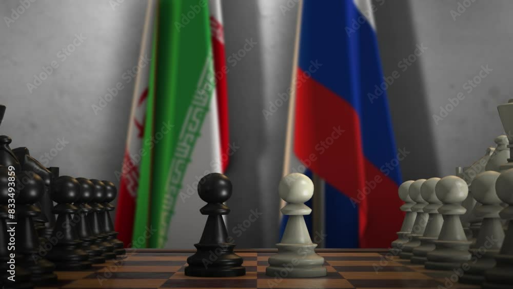 Iran and Russia National Flags with Chess Game Animation. Politics Concept, Government Conflict Iran and Russia National Flags with Chess Game Animation. Politics Concept, Government Conflict