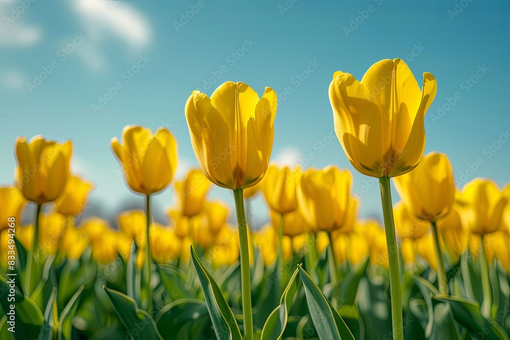 Obraz premium A vast field filled with blooming yellow tulips under a clear blue sky