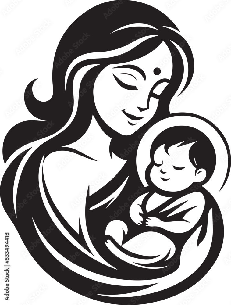 Mom and child Vector Illustration Silhouette. Woman Love her Kid Baby from Heart. 