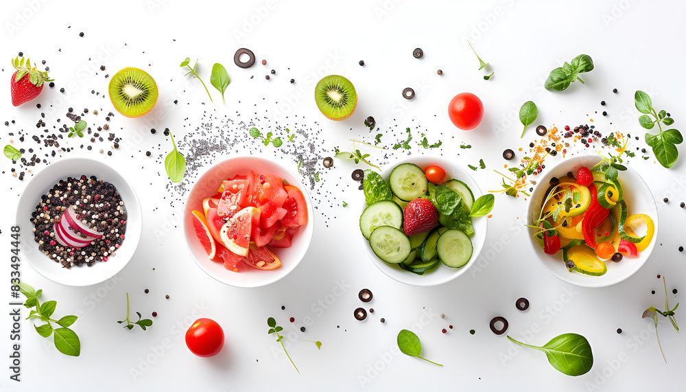 Poke recipe. Different ingredients falling into bowl on white background Poke recipe. Different ingredients falling into bowl on white background