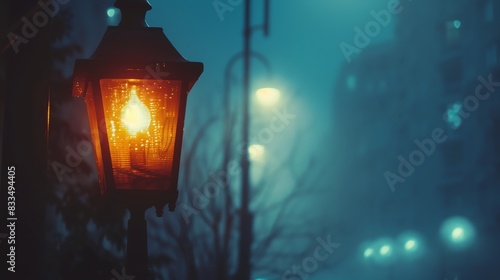 street lamp glowing in the fog, mysterious mood, soft light, close up, focus on, copy space, Double exposure silhouette with city street
