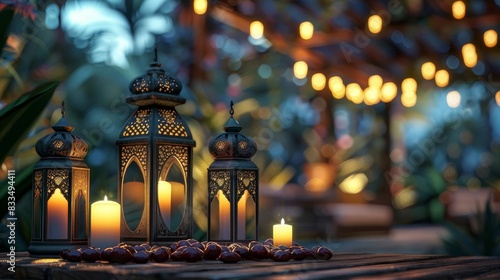 Highly detailed Arabic lanterns with lit candles, frontal perspective, radiant glow enhancing the lush date fruits, placed on a rustic table, CG 3D render, nighttime backdrop photo