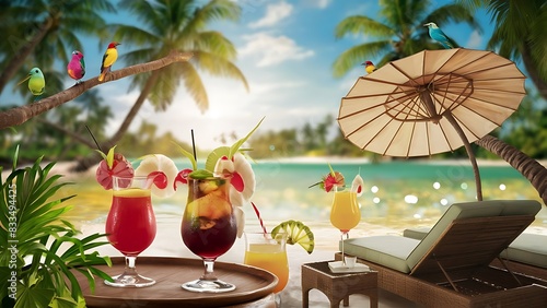 Art tropic summer vacation; Exotic drinks on blur tropical beach background