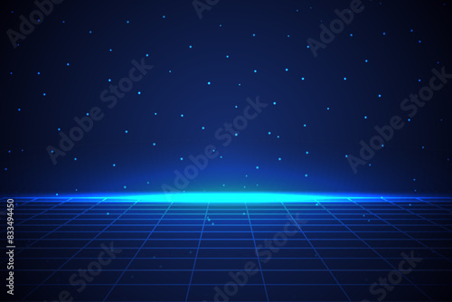 Cyberpunk style background with starry sky. Retro background 80s, 90s with grid frame and blue neon glow.