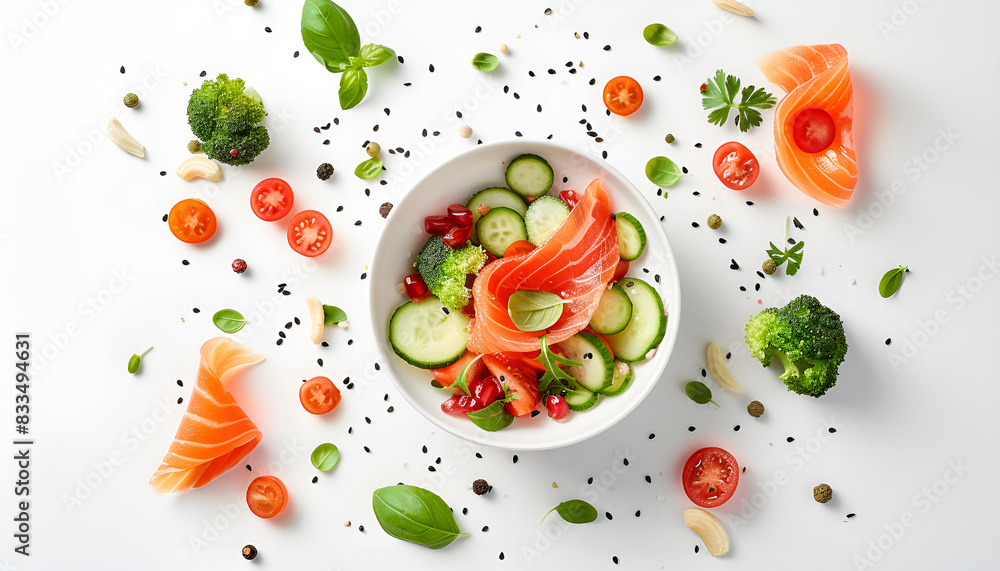 Poke recipe. Different ingredients falling into bowl on white background Poke recipe. Different ingredients falling into bowl on white background