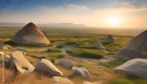 Serene landscape of Gobistan National Park with ancient petroglyphs of Azerbaijan.