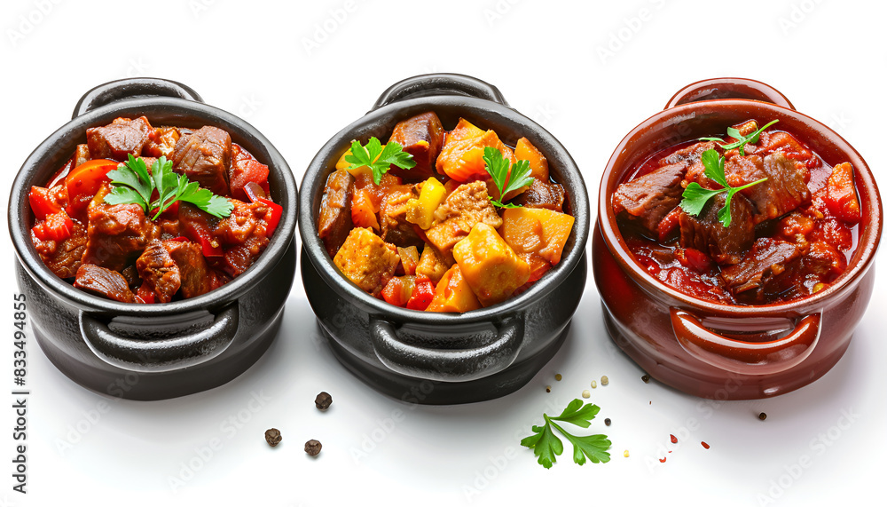 Tasty goulash. Set with cooked meat isolated on white Tasty goulash. Set with cooked meat isolated on white