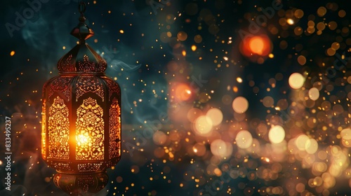 Ornate lantern with glowing light, against a dark background with bokeh lights.