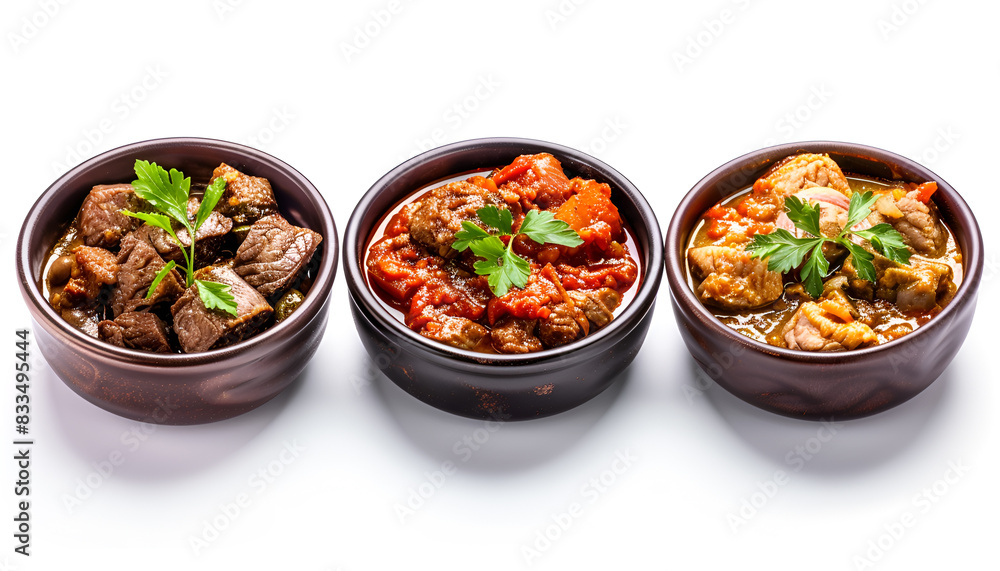 Tasty goulash. Set with cooked meat isolated on white Tasty goulash. Set with cooked meat isolated on white