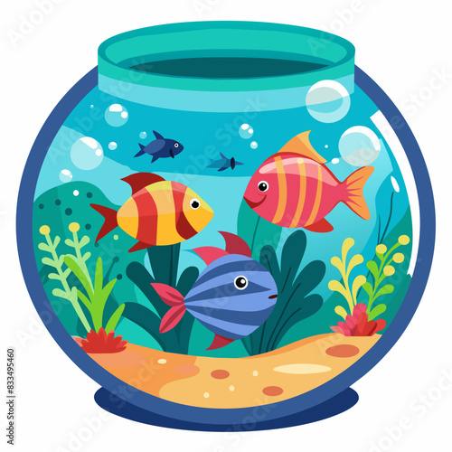 Whimsical Underwater World: Round Aquarium with Vibrant Fish Vector Illustration on White Background