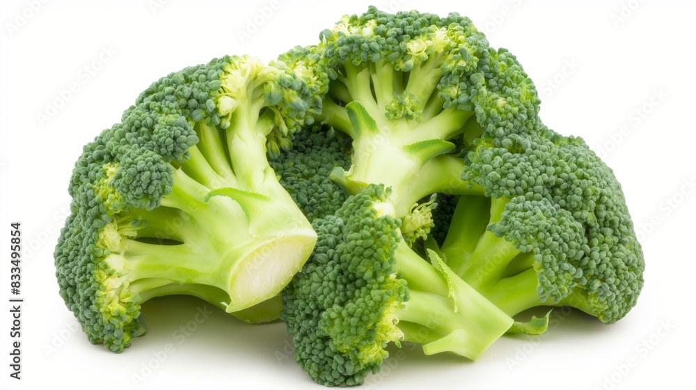 Fresh green broccoli florets on white background highlighting their crisp texture and natural color Fresh green broccoli florets on white background highlighting their crisp texture and natural color