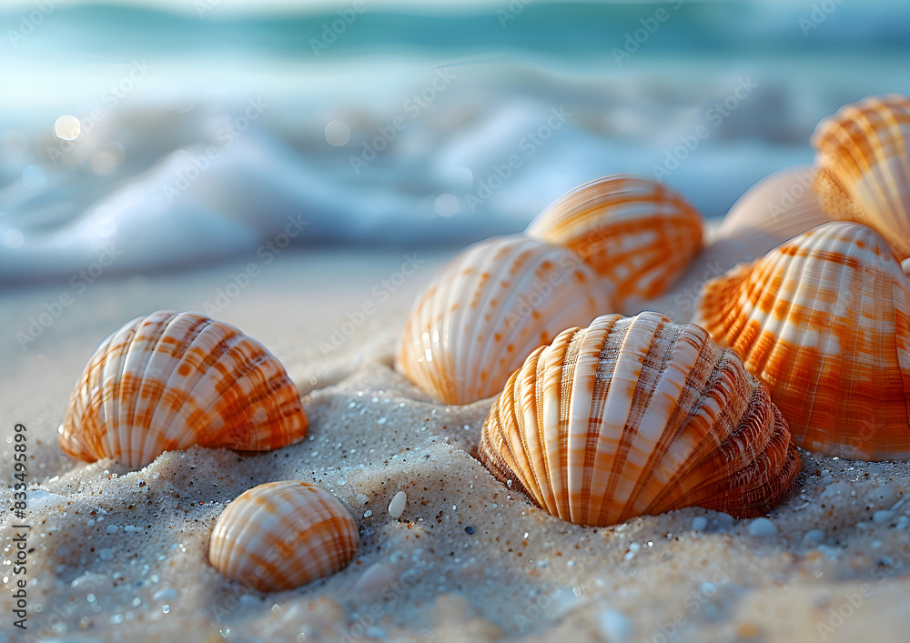 A close-up of nature beach seashells scattered on the sand, the details A close-up of nature beach seashells scattered on the sand, the details