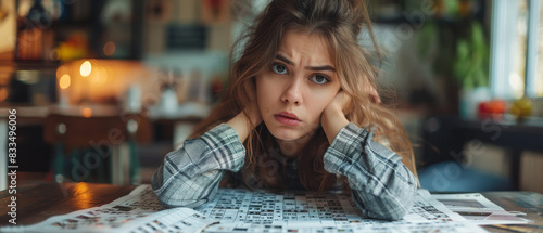 Woman confused by a crossword puzzle photo