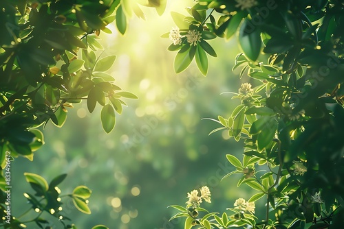 A sunbeam-lit thicket with vibrant green leaves and the soft hues of springtime florals photo