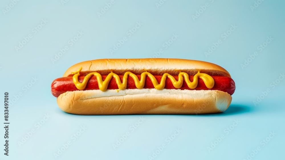 Traditional hot dog with mustard and ketchup, set against a light blue background. Great for illustrating American cuisine and street food Traditional hot dog with mustard and ketchup, set against a light blue background. Great for illustrating American cuisine and street food