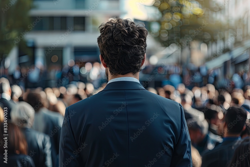 Fototapeta premium Rear view of a man in a tight suit standing confidently in front of a large crowd of people