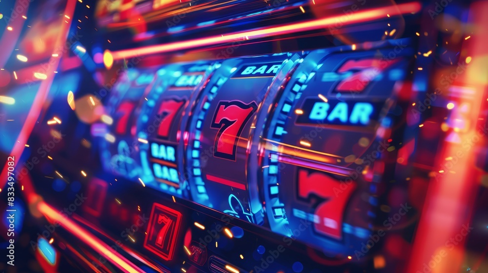 Fototapeta premium Vibrant and dynamic close-up of a casino mix slot machine, showcasing the excitement of gambling. Perfect for casino and gaming visuals