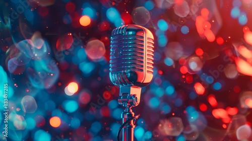 Vibrant live podcast setup with a retro mic and abstract blurred background, capturing the dynamic atmosphere of a karaoke performance. Perfect for media and entertainment visuals photo