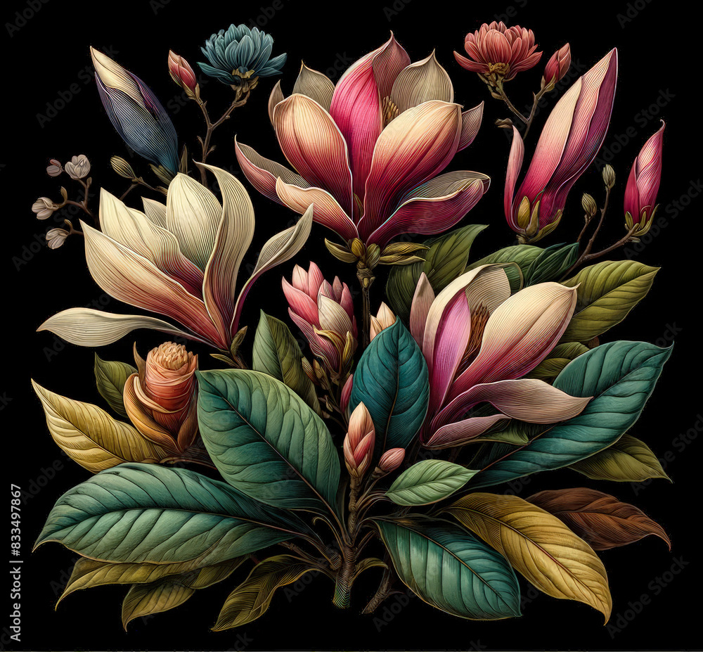 Beautiful Botanical Illustration of Diverse Magnolia Flowers and Leaves - Ai Generated Beautiful Botanical Illustration of Diverse Magnolia Flowers and Leaves - Ai Generated