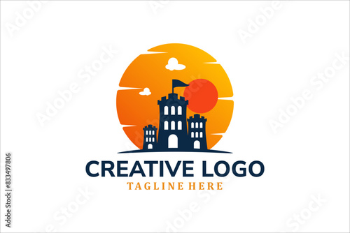 Modern Flat Unique castle logo vintage with sunset background logo template illustration design