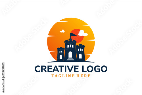 Modern Flat Unique castle logo vintage with sunset background logo template illustration design