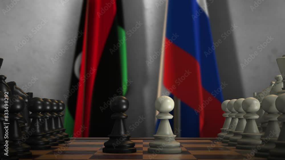 Libya and Russia National Flags with Chess Game Animation. Politics Concept, Government Conflict Libya and Russia National Flags with Chess Game Animation. Politics Concept, Government Conflict