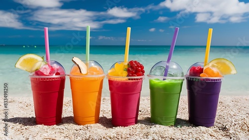 Colorful cold drinks in plastic cups on the beach. Colorful cold drinks in plastic cups with ice and fresh fruits on the beach