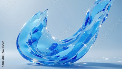 Blue glass-like fluid sculpture with smooth curves and light reflections, set against a light blue background. The elegant, translucent design emphasizes fluidity and grace.