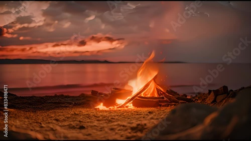 Campfire At Sunset, Bonfire On The Beach With Cloudy Sky On The Background, Burning And Igniting Fire Flames, Bonfire Closeup, Woods Burning And Making Smoke, Fire Smoke Pollutes The Air, Dusk. photo