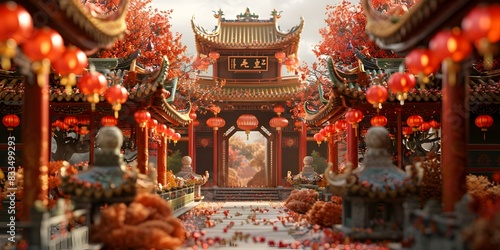 Chinese courtyard with red lanterns and autumn trees