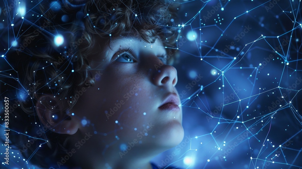 Little boy gazing thoughtfully into distance with complex, luminous network of interconnected nodes and lines. Digital neural network or constellation. Little boy gazing thoughtfully into distance with complex, luminous network of interconnected nodes and lines. Digital neural network or constellation.