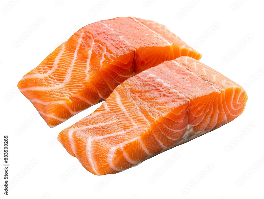 Close-up of two fresh salmon fillets, highlighting their vibrant orange color and rich texture, ideal for gourmet cooking and healthy meals cut out transparent isolated on white background PNG file
Close-up of two fresh salmon fillets, highlighting their vibrant orange color and rich texture, ideal for gourmet cooking and healthy meals cut out transparent isolated on white background PNG file