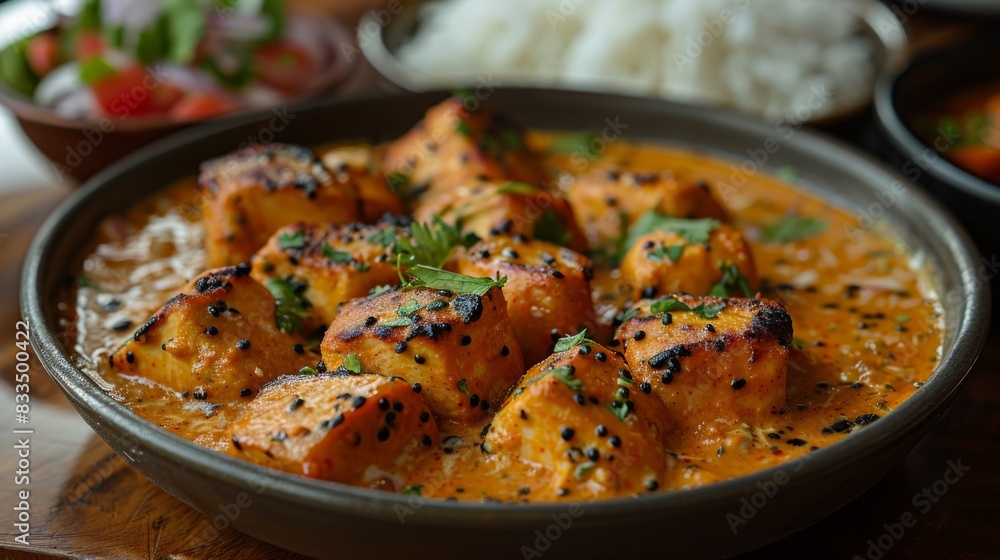 Get close-up shots of a plate of chicken tikka masala, featuring tender chicken marinated in yogurt and spices, served in Get close-up shots of a plate of chicken tikka masala, featuring tender chicken marinated in yogurt and spices, served in