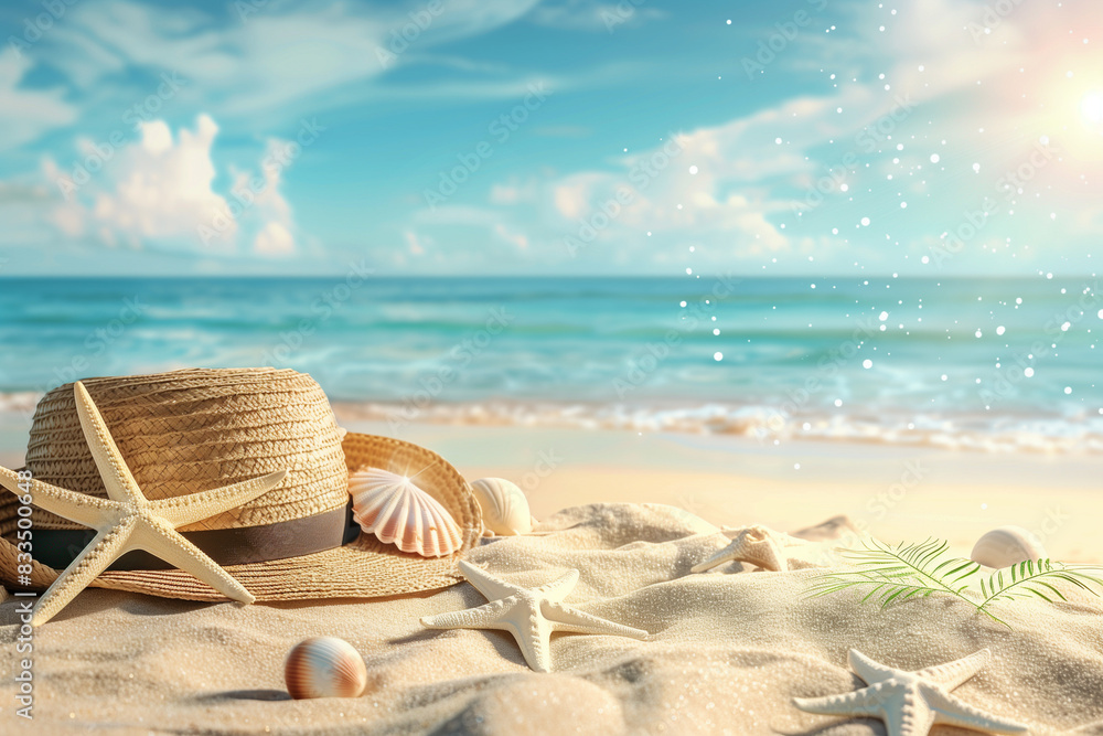 Obraz premium Summer beach background with hat and shells