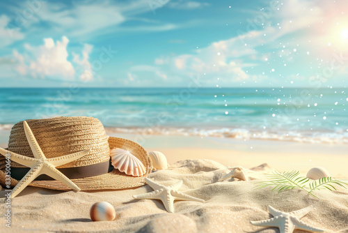 Summer beach background with hat and shells