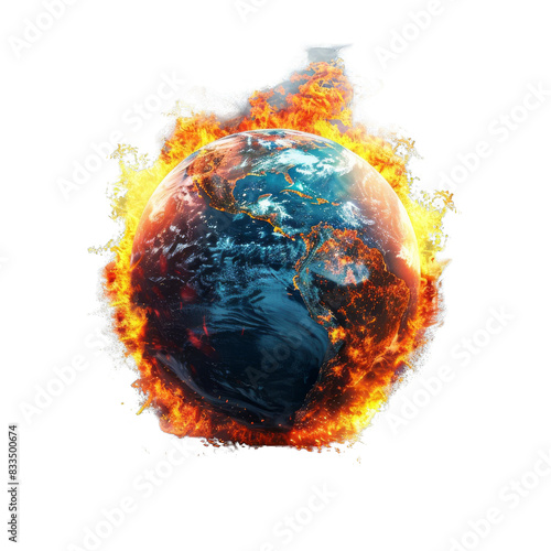 Earth in flames, isolated on white background, vibrant and impactful