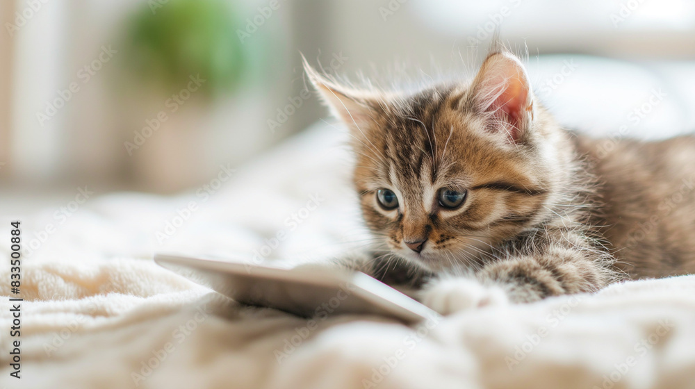 Adorable kitten intently watching a tablet on a cozy bed. Generative AI