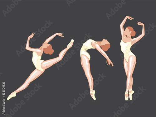 Ballerina illustration, ballerinas poses. Gymnastics girl. Girl dancing classical choreography. Ballet set female. Pointe shoes. Hand drawn vector art work isolated on white background