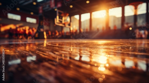 A low angle shot of a shiny basketball court with the warm glow of sunlight coming through the windows